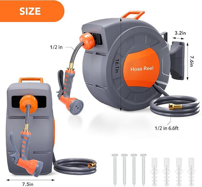 GarveeLife Garden Hose Reel - Water Hose Reel with 100 ft x 1/2 in Retractable Garden Hose, 9 Function Sprayer Nozzle, Effortless Automatic Rewind, 180° Swivel Wall Mount, Hose Reel Wall Mount