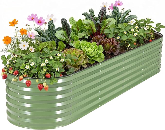 Galvanized Raised Garden Bed for Outdoor, 8x2x1.4ft Modular Oval Planter - Open-Bottom Design Metal Raised Beds for Gardening Vegetables Flowers - Olive Green