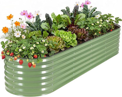 Galvanized Raised Garden Bed for Outdoor, 8x2x1.4ft Modular Oval Planter - Open-Bottom Design Metal Raised Beds for Gardening Vegetables Flowers - Olive Green