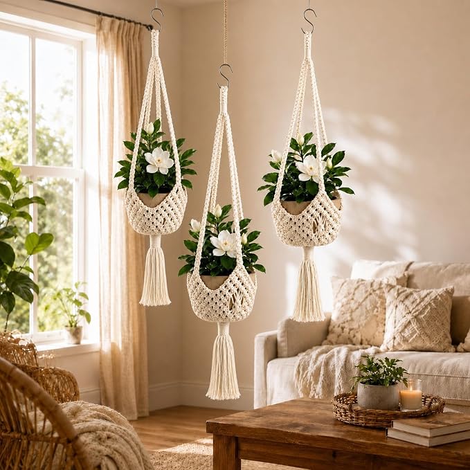 Shappy 3 Pack Boho Macrame Plant Hanger, Large Hanging Planter Plant Holder Pot Hanger Hanging Basket Wall Planters, Plants Lover Gift for Indoor Garden (Spiral Knot,White)