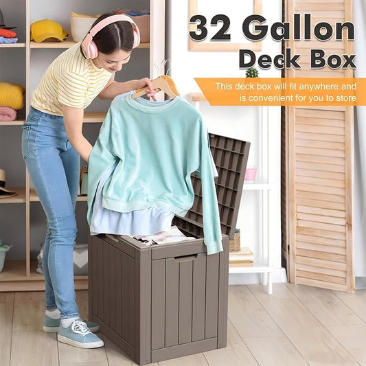 Outdoor Storage Box, 32 Gallon Resin Deck Boxes Outdoor Waterproof For Patio Furniture, Garden Tools, Pool Supplies, Lockable And UV Resistant (a Set of 2,Striped Gray)