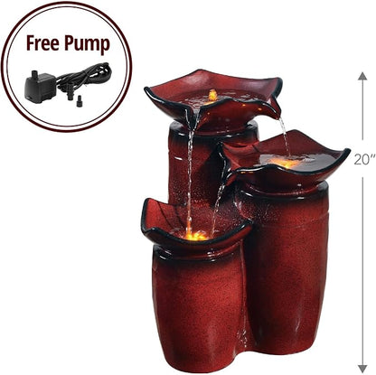 Teamson Home 3 Tiered Floor Water Glazed Pots Fountain with LED Lights and Pump for Outdoor Patio Garden Backyard Decking Décor, 20 inch Height, Gradient Red | Glazed Pots, LED Lights, Pump Included, Outdoor Patio Garden Backyard Decking Décor
