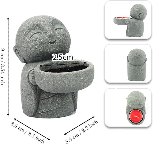 Sandstone Buddha Statue Candle & Incense Cone Holder, Small Jizo Figurine for Home Decor, Tiny Buddha Zen Monk Tealight Holder for Desk, Shelf or Nightstand, 3.5" H Mini Stone Decor Gift