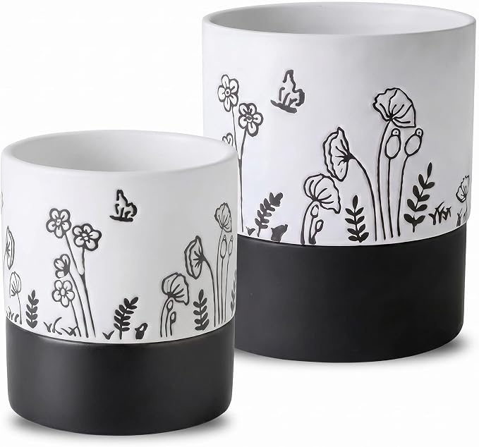 Nihow Self Watering Pots for Indoor Plants,4.5+6 Inch,White Hand Painting | Ceramic Planter, Drainage Hole & Water Storage Plus, Cylinder Round Flower Pot, For Succulent/Herbs/Violets