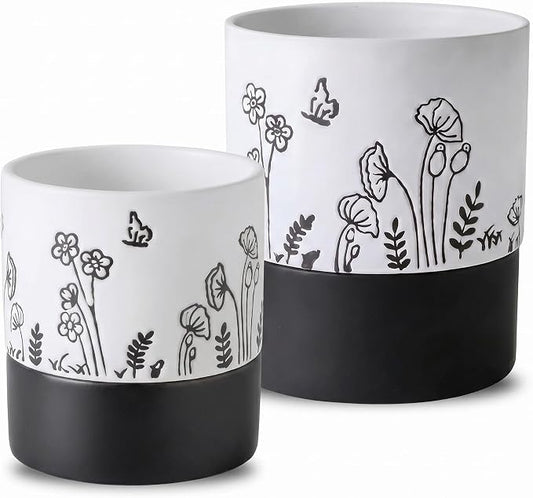 Nihow Self Watering Pots for Indoor Plants,4.5+6 Inch,White Hand Painting | Ceramic Planter, Drainage Hole & Water Storage Plus, Cylinder Round Flower Pot, For Succulent/Herbs/Violets