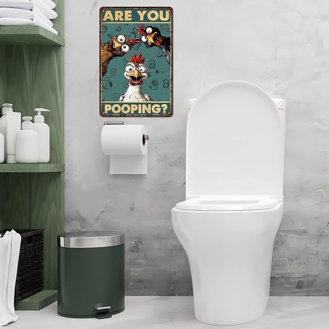 Vintage Chicken Tin Sign Are You Pooping Retro Bathroom Metal Poster Funny Wall Art Toilet Man Cave Bar Cafe Indoor Room Garage Store Office Farmhouse 12 * 8inch