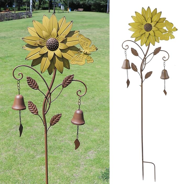 Decorative Garden Stakes,Garden Stake with Bells,Metal Flower Garden Decor | 50"H Sunflower Metal Flower Garden Stake with Bells, Lawn and Flower Bed Outdoor Garden Decor