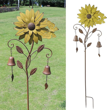 Decorative Garden Stakes,Garden Stake with Bells,Metal Flower Garden Decor | 50"H Sunflower Metal Flower Garden Stake with Bells, Lawn and Flower Bed Outdoor Garden Decor