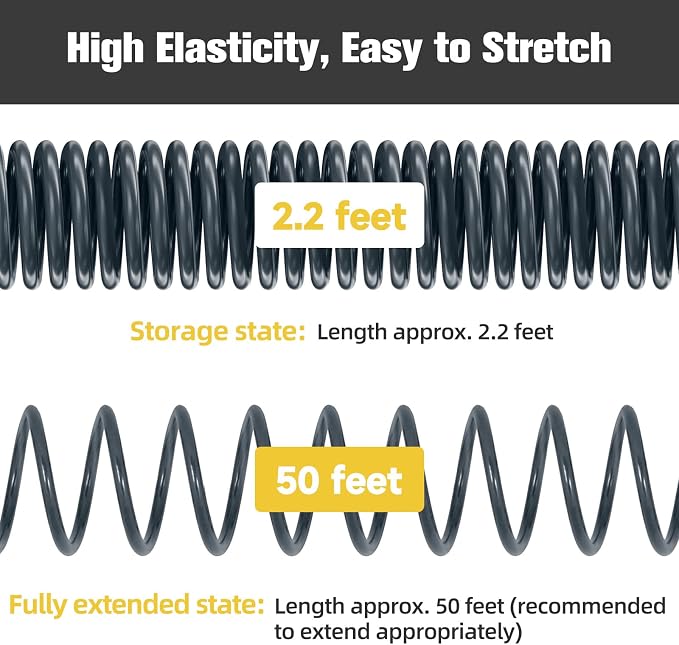 Coil Hose,3/8" EVA Coil Garden Hose 50 FT,Curly Water Hose Lightweight with Metal Connectors and Swivel Handle,Retractable Garden Hose Includes 8-Pattern Spray Nozzle for Boat, Yard, Patio