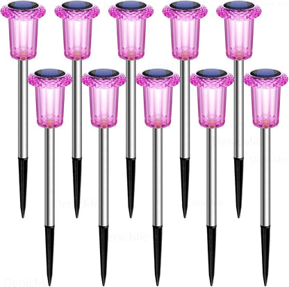 DenicMic Solar Outdoor Lights 10 Pack Pink LED Valentines/Mothers Day Decor | Garden Decor for Outside Yard Patio Flowerbed Pathway Starburst Pattern, Acrylic Diamond-like Lampshade Stainless Steel Pole