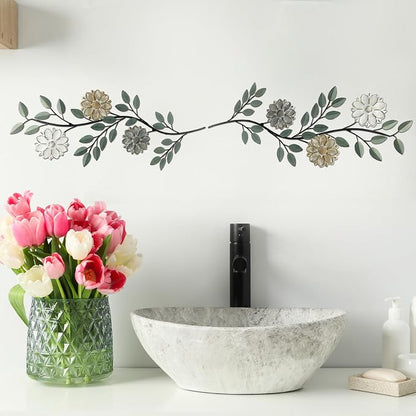 MorningRo 2 Pcs Metal Flower Leaves Wall Art Spring Wall Decor Living Room, 15.75 Inch Vintage Rustic Branch Leaf Wrought Iron Scroll Art Decor for Summer Bedroom Indoor Outdoor Decorations(Green)