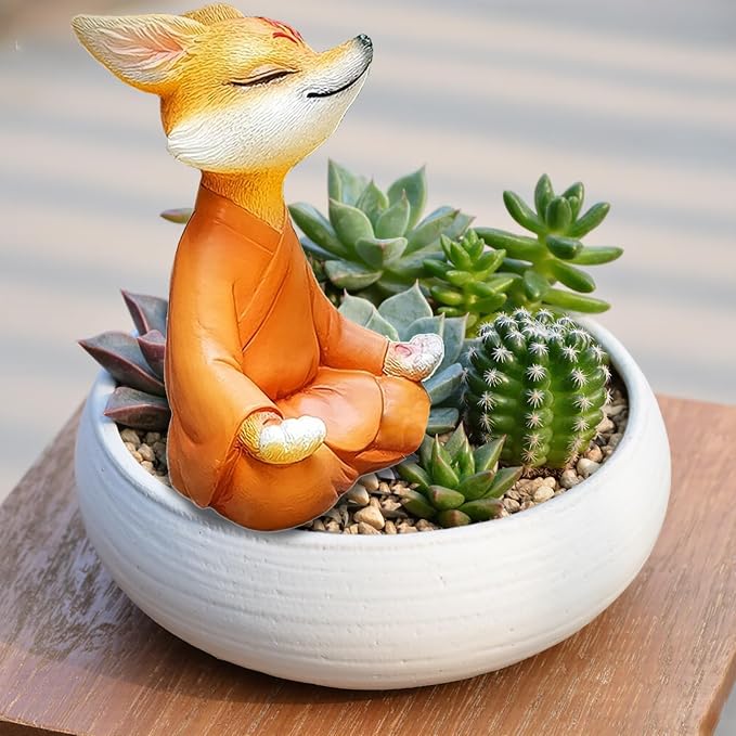 Orange Resin Fox Statue, Zen Yoga Figurine for Desktop & Garden | Mini meditative accents, garden & fox statues, fox figurines, spiritual gifts, feng shui shelf decor for plant & yoga lovers