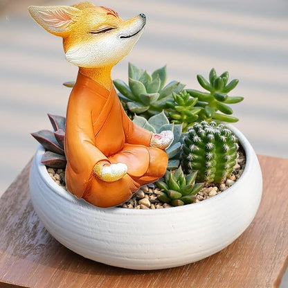 Orange Resin Fox Statue, Zen Yoga Figurine for Desktop & Garden | Mini meditative accents, garden & fox statues, fox figurines, spiritual gifts, feng shui shelf decor for plant & yoga lovers