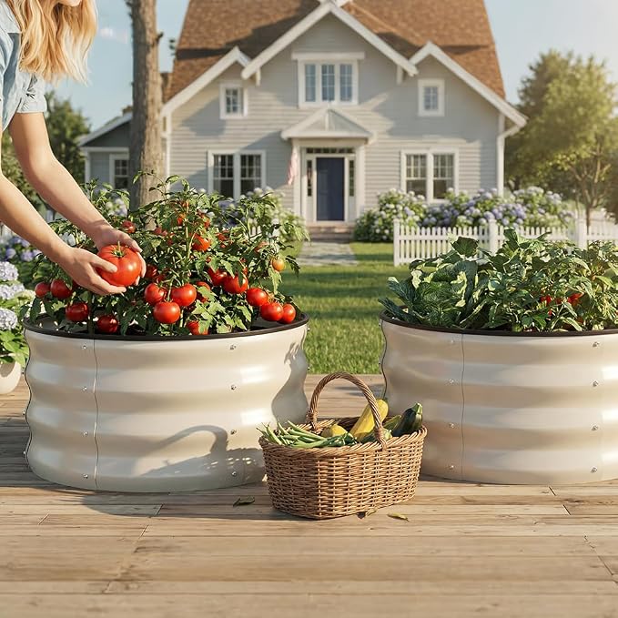 COMHOMA 2 Pack Round Raised Garden Bed 2x2x1ft,Galvanized Metal Planter Box Kit for Outdoor Gardening,Vegetable Flower Herb Growing Beds with Gloves Tools,White