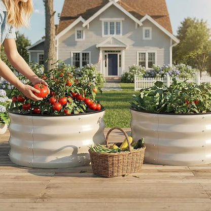 COMHOMA 2 Pack Round Raised Garden Bed 2x2x1ft,Galvanized Metal Planter Box Kit for Outdoor Gardening,Vegetable Flower Herb Growing Beds with Gloves Tools,White