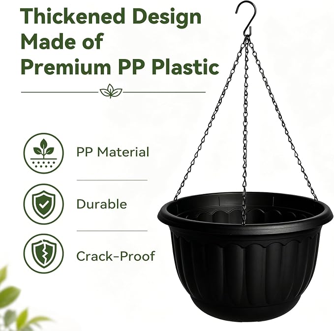 YIKUSH 12 Inch Hanging Planters for Outdoor Plants, 2 Pack Plastic Hanging Flower Pots with Drainage Hole & Tray, Hanging Basket Style Pots for Porch Patio Balcony Decor (Black)