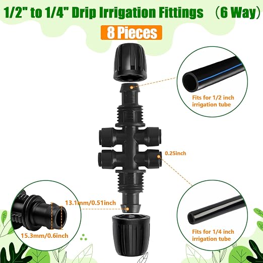 1/2 Inch To 1/4 Inch Drip Irrigation Fittings, 8 Pack Push-to-Fit 1/2" (1/2" ID x 0.65" OD) to 1/4" Drip Line Reducing Tee 1/2" x 1/4" 6 Way Splitter Connectors for Garden Irrigation System