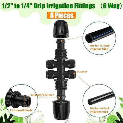 1/2 Inch To 1/4 Inch Drip Irrigation Fittings, 8 Pack Push-to-Fit 1/2" (1/2" ID x 0.65" OD) to 1/4" Drip Line Reducing Tee 1/2" x 1/4" 6 Way Splitter Connectors for Garden Irrigation System
