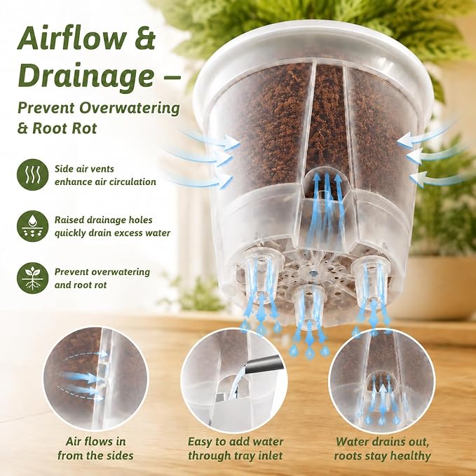 Self Watering Pots Clear – 9 Pcs Indoor & Outdoor Planters with 5", 6", 7" Sizes, Deep Reservoir, High Drainage & Breathable Design, Perfect for Busy, Travel, Beginner Plant Care