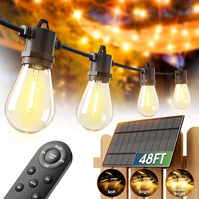addlon 54FT Solar String Lights Outdoor Waterproof with USB Charging & Remote Control - Dimmable Solar Power Patio Lights with 26 LED Bulbs for Porch, Garden, Yard, Market, Bistro - Lasts 20+ Hrs