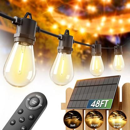 addlon 54FT Solar String Lights Outdoor Waterproof with USB Charging & Remote Control - Dimmable Solar Power Patio Lights with 26 LED Bulbs for Porch, Garden, Yard, Market, Bistro - Lasts 20+ Hrs