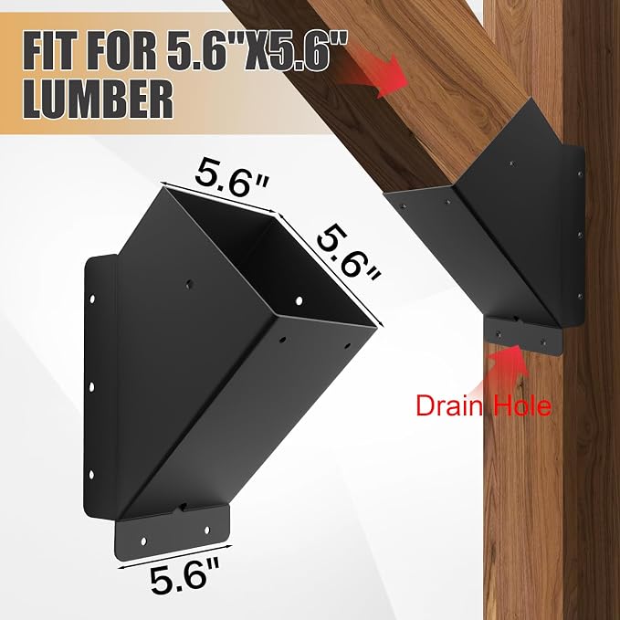 4 Pcs 6"x 6" (Actual Fit:5.6''x 5.6'') 45°Angle Support Brackets| | Heavy Duty Carbon Steel Metal Corner Braces for Pergola|Deck|Railing and Wood Beam Support