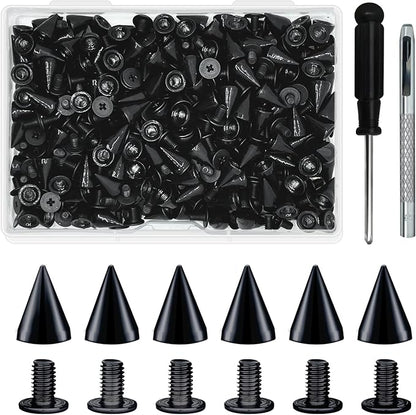 200 Sets 9.5mm Cone Spikes Metal Tree Spikes Screwback Studs for DIY Leathercraft Decoration Punk Rock Style Clothing Accessories (Black)