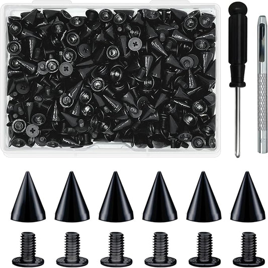 200 Sets 9.5mm Cone Spikes Metal Tree Spikes Screwback Studs for DIY Leathercraft Decoration Punk Rock Style Clothing Accessories (Black)
