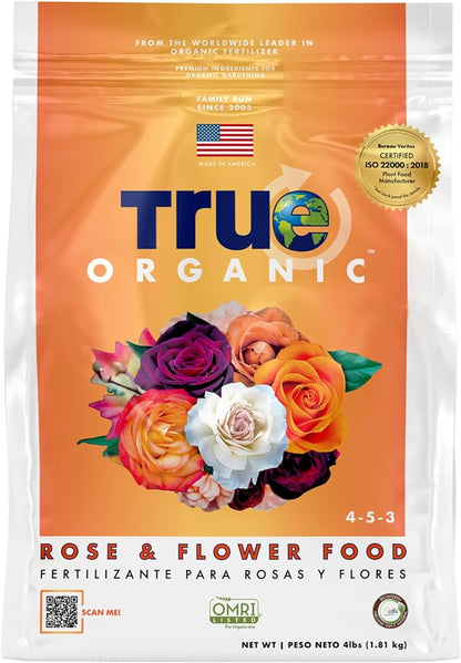 True Organic Rose & Flower Food – Organic Fertilizer for Stunning Blooms – 4lb Bag Covers 70 Sq. Ft.