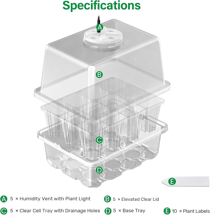 Bonviee 5 Packs Seed Starter Tray with Grow Light, Elevated Seedling Starter Trays Kits with Adjustable Humidity Domes and Clear Cell Tray, 12 Full Spectrum led lamp Beads for Plants Indoor-Clear