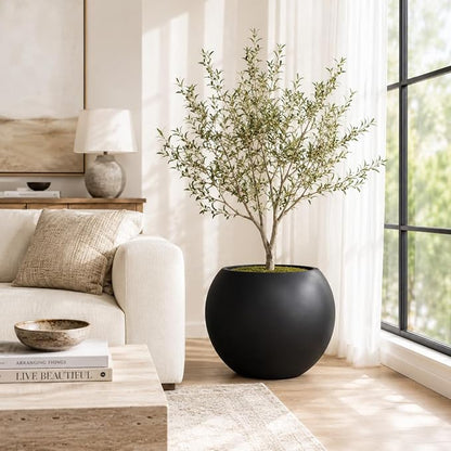 17" H x 21" Dia Black Fiberstone Planter Pot with Drainage Hole, Extra Large Indoor Outdoor Flower Pot for Artificial Olive Trees, Large Plants & Shrubs, Decorative Planter for Patio, Porch & Garden