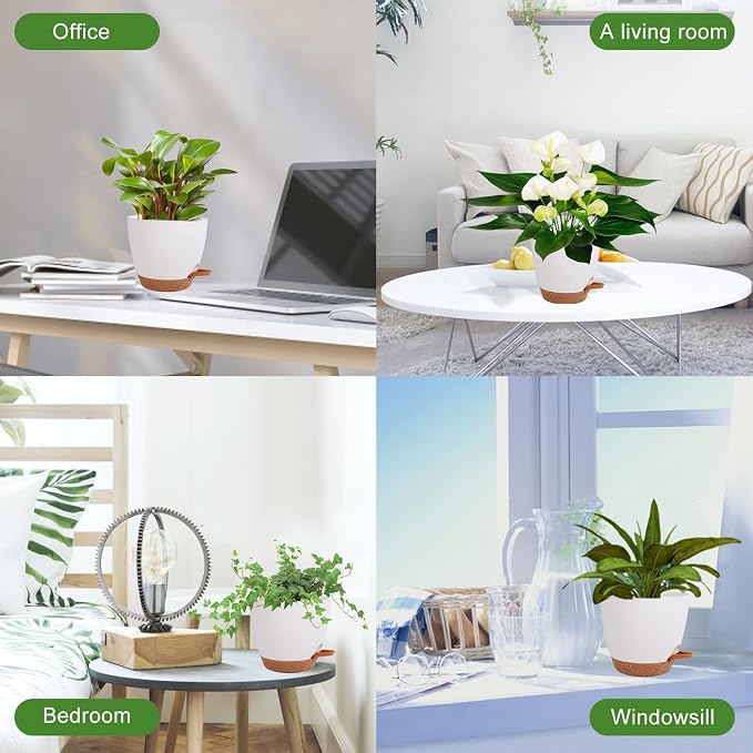 Vanslogreen Plant Pots for Indoor Plants 5 Pack Self Watering Planters, 7/6.5/6/5.5/5 Inch Self Watering Pots with Drainage Hole Plastic Flower Pot for Herbs, Succulents, African Violet (White)