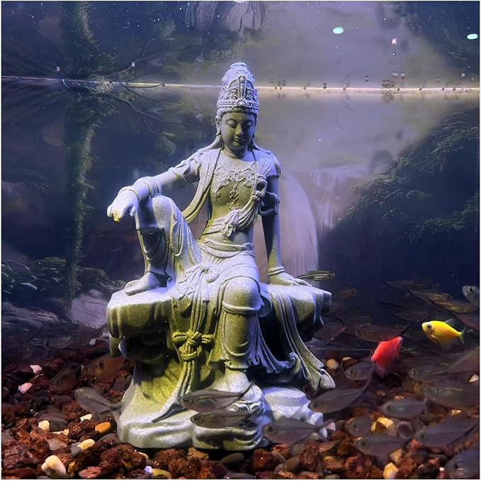 livelyfish Aquarium Buddha Statue Guanyin Buddha Sandstone Sculpture for Zen Garden Fish Tank Home Decor (L)