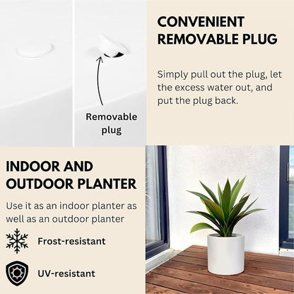 Fox & Fern Large Indoor Planter, Modern Large Plant Pot for Indoor or Outdoor, UV and Frost Resistant - Set of 3: 8, 10, 11.8 Inch, White Flower Pot with Drainage Plug, Lightweight