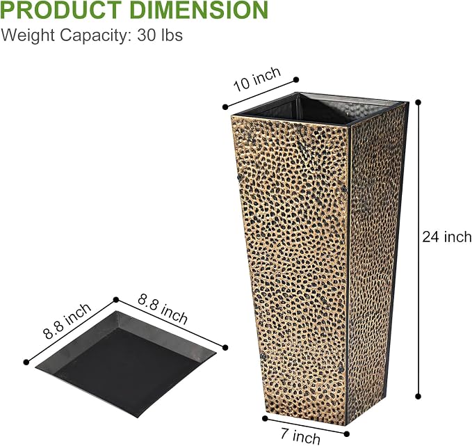 BAYN 2-Pack 24" Tall Metal Planter – Hand-Hammered Textured Large Copper Flower Pots Box with Saucer for Outdoor&Indoor, Garden, Porch, Patio, Yard with Pre-Drilled Drainage Holes