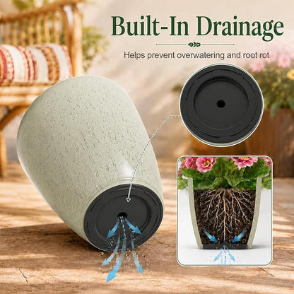 Neoaider Set of 2 Tall Planter, 21 inch Large Plastic Planter, Drip Glaze | Ceramic-Look, Lightweight, Built-in Drain Hole, Saucers, Tall Outdoor Planter for Porch, Garden, Patio, Balcony