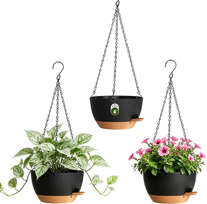 8 Inch Self Watering Hanging Planters Set of 3 with Saucers | Set of 3 8-inch self-watering hanging planters with side-fill watering ports, chain hangers & snap-on saucers