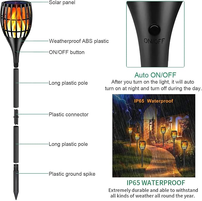 96 LED Solar Torch Lights 43" Waterproof Flickering Flame Lights | Realistic flickering flame, auto dusk-to-dawn, tool-free stake mount, all-weather durable, for garden patio lawn parties