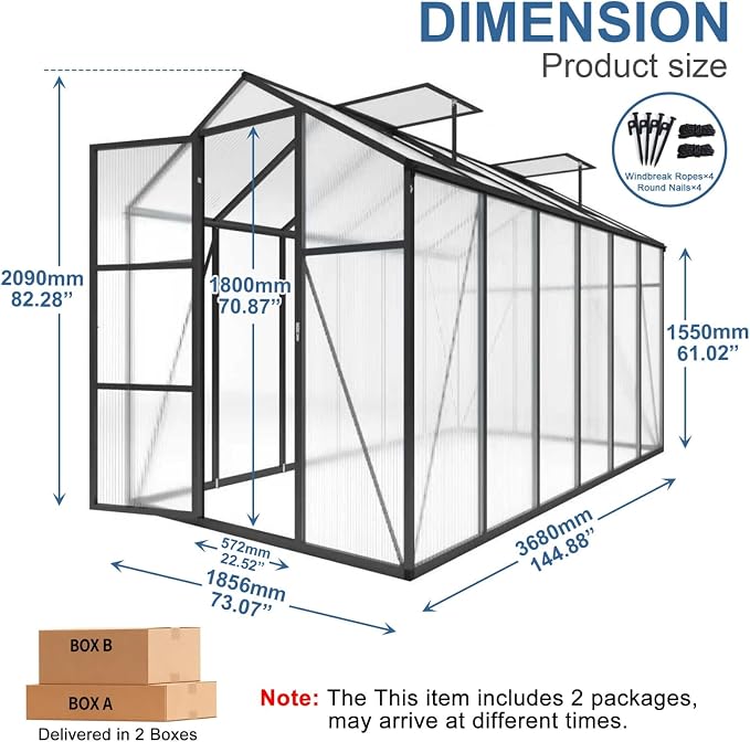 6x12 FT Greenhouse, Walk-in Outdoor Polycarbonate Garden Greenhouses with Aluminum Frame, 4mm PC Panels, Adjustable Roof Vents & Lockable Hinged Door for Backyard Growing, Black