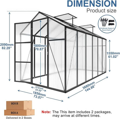 6x12 FT Greenhouse, Walk-in Outdoor Polycarbonate Garden Greenhouses with Aluminum Frame, 4mm PC Panels, Adjustable Roof Vents & Lockable Hinged Door for Backyard Growing, Black