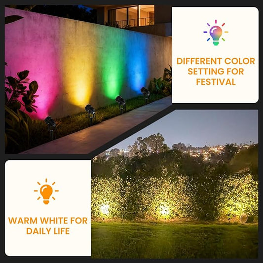 RGBW Multicolor Spotlight Outdoor: 16 Color Changing Landscape Lighting with Remotes 120V Plug in Waterproof Holiday LED Spot Light for Yard Garden Tree Bush Path Lawn Décor, 2 Pack (RGB + Warm Light)