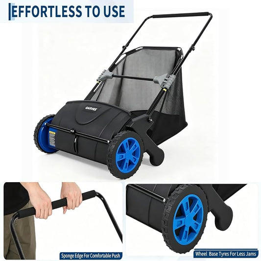 Push Lawn Sweeper, 21inch Leaf & Grass Collector, Heavy Duty Thickened Steel Durable Manual Leaf Sweeper to Use with Large Capacity 3.5 Cu. ft. Mesh Collection Hopper Bag, 2 Spinning Brushes