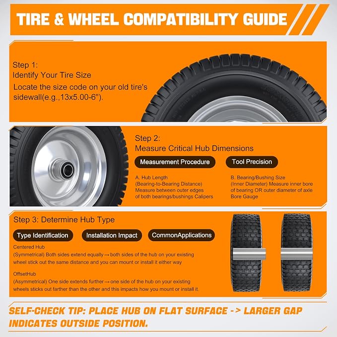 Yesker 13x5.00-6 Flat Free Lawn Mower Tire and Wheel Assembly with 3/4" Bearing Bore, 13x5-6nhs Solid Riding Lawnmower Tires with 3" Center Hub, 2 Pack