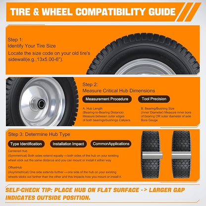 Yesker 13x5.00-6 Flat Free Lawn Mower Tire and Wheel Assembly with 3/4" Bearing Bore, 13x5-6nhs Solid Riding Lawnmower Tires with 3" Center Hub, 2 Pack