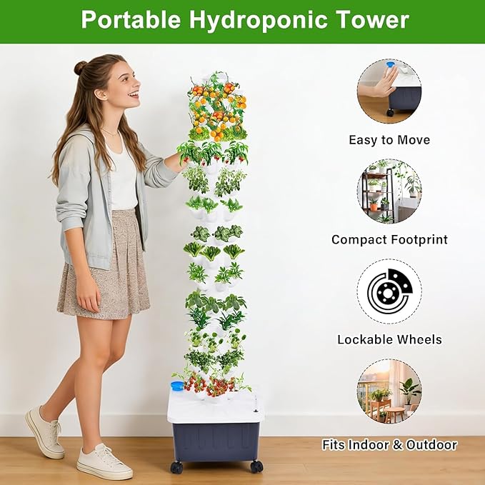 Hydroponic Tower, 14-Layer Hydroponics Growing System Kit with 70 Slots, Vertical Garden System with 20L Water Tank and Pump for Indoor Outdoor Home, Balcony & Patio