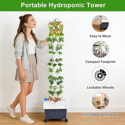 Hydroponic Tower, 14-Layer Hydroponics Growing System Kit with 70 Slots, Vertical Garden System with 20L Water Tank and Pump for Indoor Outdoor Home, Balcony & Patio