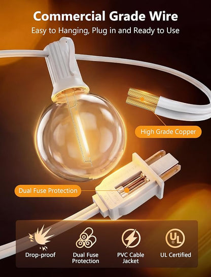 25Ft G40 LED Outdoor String Lights White, 27 Shatterproof Bulbs Waterproof | Plug In, Dimmable, Connectable, Hanging Outdoor Globe Lights for Patio Backyard Wedding Party Christmas, 2700K Warm White