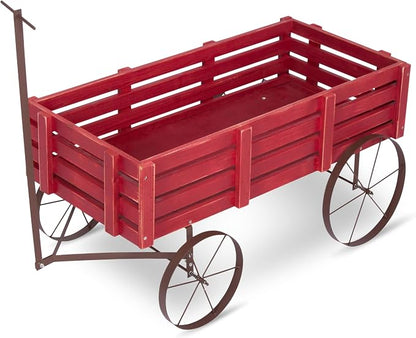 Shine Company Decorative Buckboard Wagon Garden Planter, Wooden Wagon Yard Décor for Outdoor Plants, Red