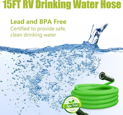 Cupohus Heavy Duty RV Water Hose 15FT, 5/8" Extra Thick Wall Drinking Water Hose, Crush Proof & Abrasion Resistant, Kink Free Hot & Cold Weather with Storage Bag for Camper Marine – Green