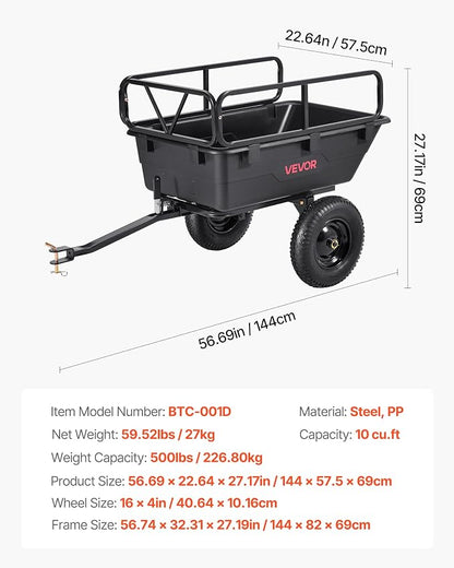 VEVOR 500Lbs 10 Cu.Ft. ATV UTV Trailer Tow Behind Dump Cart, Heavy Duty Pull Behind Utility Dump Trailer for Lawn Mower Trailer Tractor Garden Yard with 16in Tires